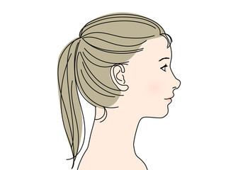 アップヘアのかわいい日本人女性の横顔アップのイラスト 上半身横向き 右向き