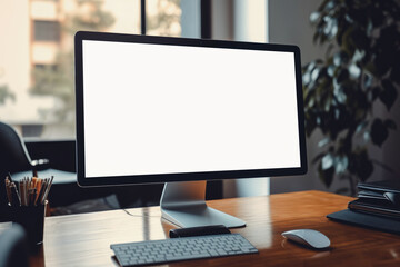 monoblock with white blank screen on office desk, Generative AI