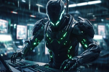 Naklejka premium netrunner in futuristic cyberpunk costume monitoring data on blurred background, Generative AI