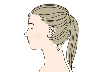 目を閉じた日本人女性の横顔アップのイラスト 上半身バストアップ 顔アップ 左向き