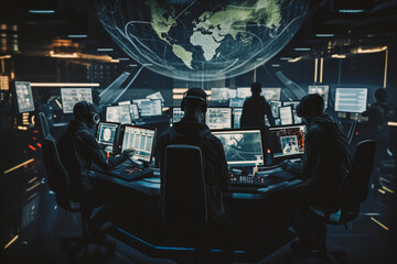 Naklejka premium people engineers working in data surveillance center, Generative AI