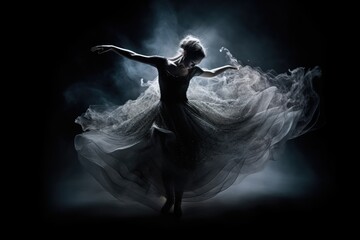 Naklejka premium Beautiful ballerina dancing in the studio in magnetic powder and smoke. Generated AI