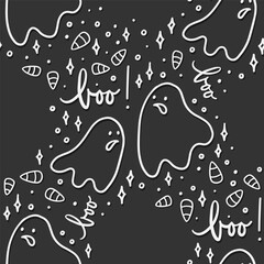 seasonal monochrome linear cartoon halloween seamless pattern with scary ghosts silhouettes isolated on dark background for print fabric paper wallpaper and web - 622665561