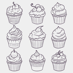 Cupcake doodle vector illustration. Hand drawn cupcake icon set.