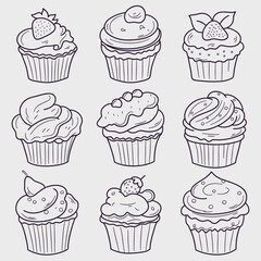 Cupcake doodle vector illustration. Hand drawn cupcake icon set.
