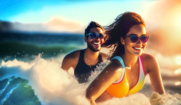 happy couple - man and woman jumping anв running on sunny tropical beach. enjoying young pair having fun on summertime coast at sunny summer day, water splash, active lifestyle. Generative AI.