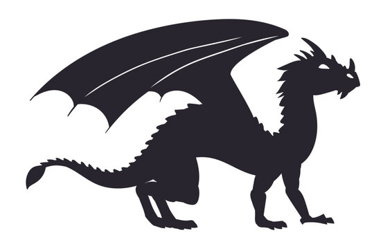 Fantasy dragon silhouette. Cartoon standing reptile, winged magic dragon, fairy tale fire breathing dragon flat vector illustration