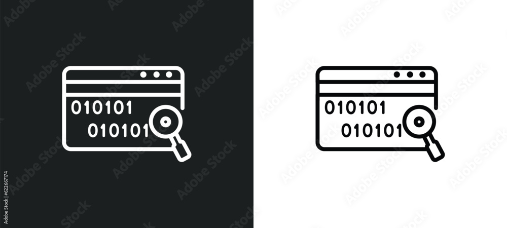 Poster data search for interface outline icon in white and black colors. data search for interface flat vec