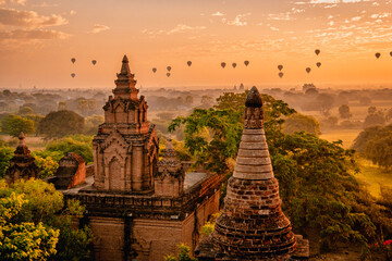 Bagan Myanmar, Sunrise above temples and pagodas of Bagan Myanmar, Sunrise Pagan Myanmar temple and...