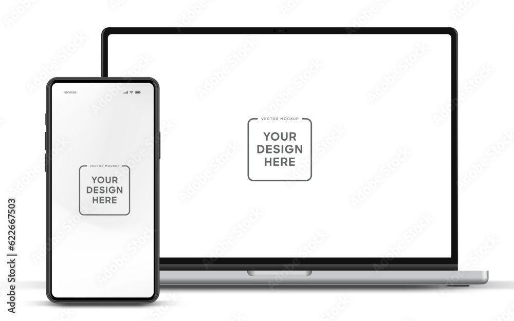 Aufkleber Modern laptop mockup front view and smartphone mockup high quality isolated on white background. Notebook mockup and phone device mockup for ui ux app and website presentation Stock Vector.