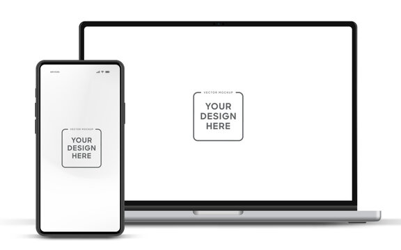 Modern laptop mockup front view and smartphone mockup high quality isolated on white background. Notebook mockup and phone device mockup for ui ux app and website presentation Stock Vector.