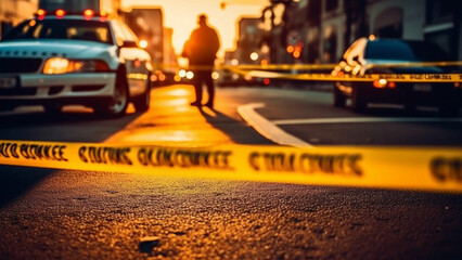 Crime scene tape in the foreground with a blurred police car in the background at a crime scene.. Crime Scene Investigation Team Working on a Murder.