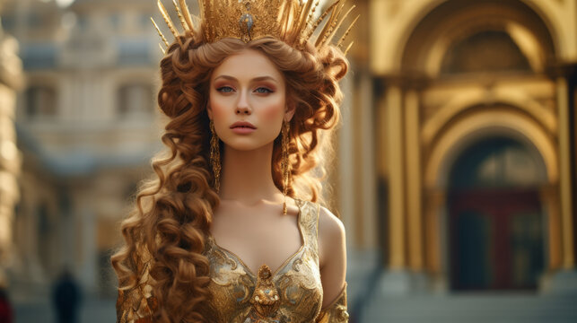 A girl with red hair dressed like a queen with braids in a golden rich dress and a golden crown, palace in background
