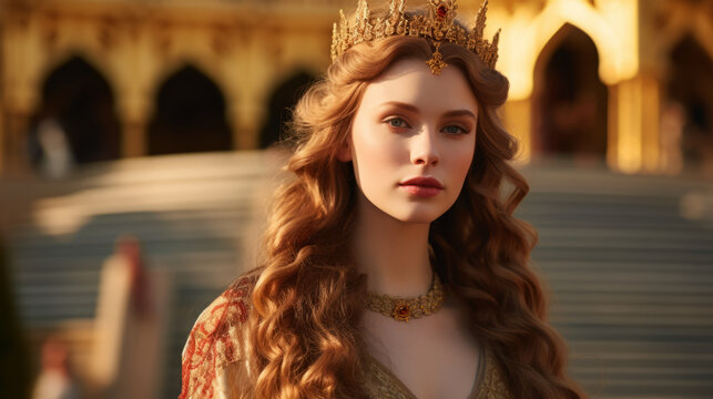 A girl with red hair dressed like a queen with braids in a golden rich dress and a golden crown, palace in background