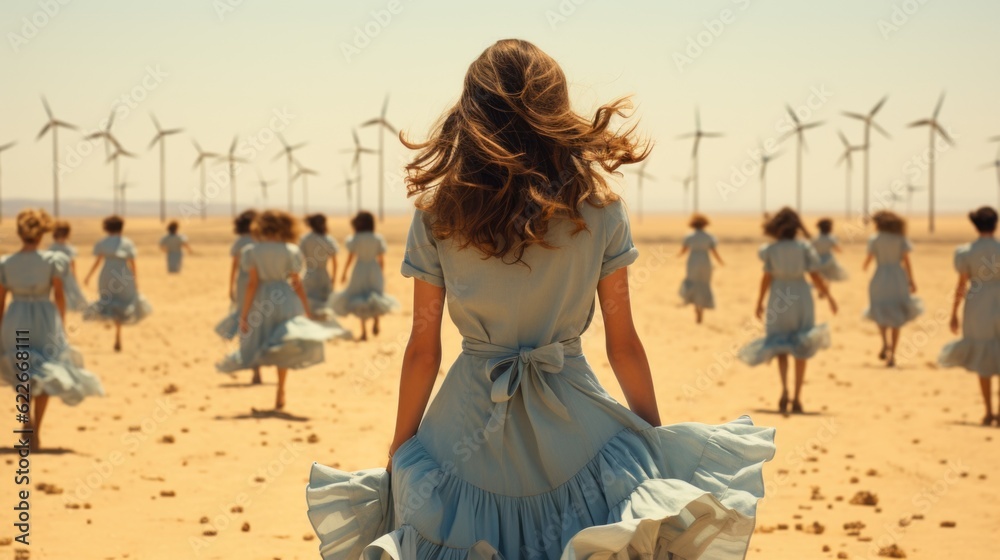 Sticker A woman in a blue dress walking through a field of wind turbines. Generative AI image.