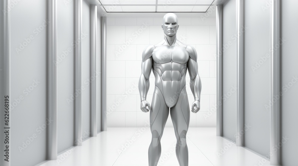 Sticker a male mannequin standing in a white room. generative ai image.