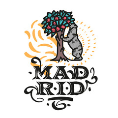 Madrid City Spain Hand Drawn T-shirt Print Design Illustration of The Statue of the Bear and the Strawberry Tree in Traditional Tattoo Style, Heraldic Symbol Of Madrid depicted on a Coat of Arms 