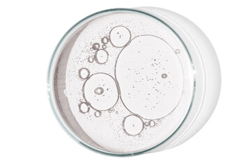 Petri dish isolated on empty background. drops, stains, bacteria and molecules in a Petri dish.