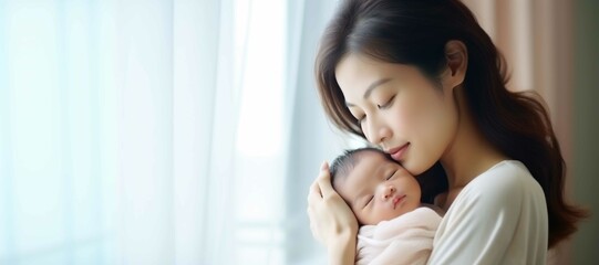 Asian mother with his newborn baby at home made with Generative AI.