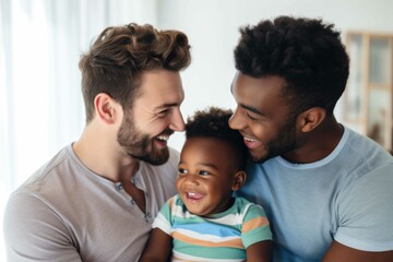 Interracial gay couple with their adopted son made with Generative AI.