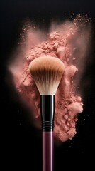Makeup Brush with Blush Powder Sprayed Over It. Generative ai