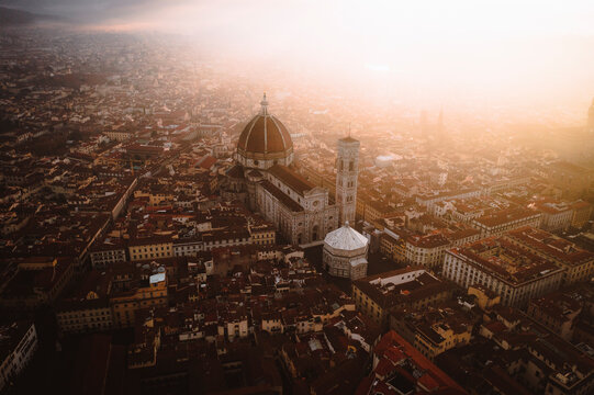 Aerial view of Santa Maria del Fiore Cathedral at sunrise, Florence, Italy.