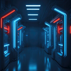 Empty Futuristic Sci-Fi Science Laboratory, Neon Lights On Wall And Columns, Hi-Tech Server Room, Technology, Generative AI