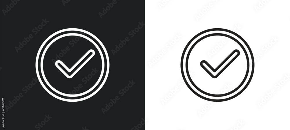 Wall mural round done button outline icon in white and black colors. round done button flat vector icon from us