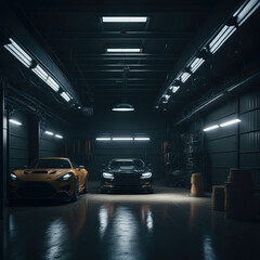 Dark Industrial Garage For Cars, Hallway Tunnel With metal Doors, Glowing Lights, Generative AI