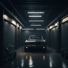 Dark Industrial Garage For Cars, Hallway Tunnel With metal Doors, Glowing Lights, Generative AI