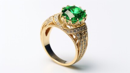 gold wedding ring with green emerald on white background