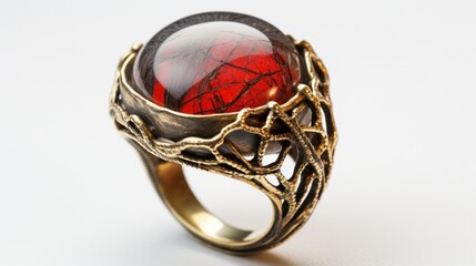 Golden ring with red opal precious stone jewelry