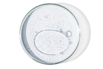 Petri dish isolated on empty background. drops, stains, bacteria and molecules in a Petri dish.