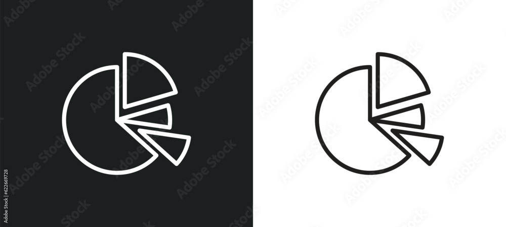 Poster pie chart organization outline icon in white and black colors. pie chart organization flat vector ic