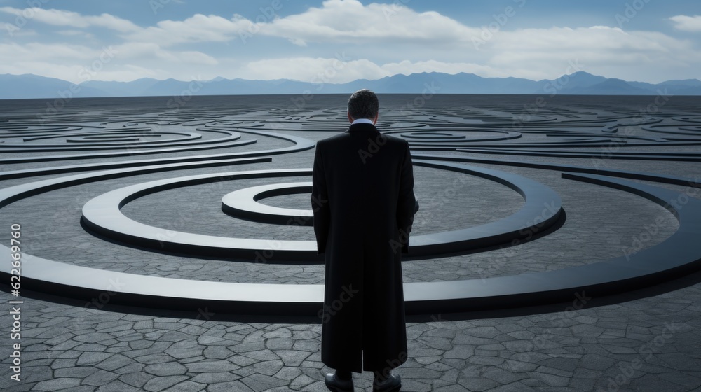 Wall mural a man in a suit standing in front of a circular maze. generative ai image.