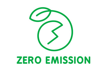 Zero emission symbol, sign, logo. Stylized number zero with a leaf and a lightening bolt. Sustainable lifestyle. CO2 carbon neutral concept. Clean energy. Net zero emissions. Vector illustration. 