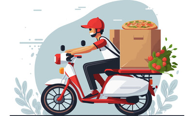 Fast delivery of food on a motorcycle. Delivery of pizza. Vector illustration