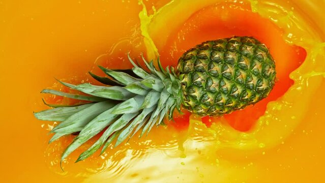 Pineapple splashing into juice, macro shot. Macro background. Filmed on a high-speed cinema camera at 1000 fps.