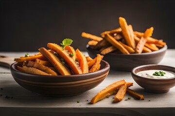 A pile of crispy sweet potato fries with dipping sauce - Powered by Adobe