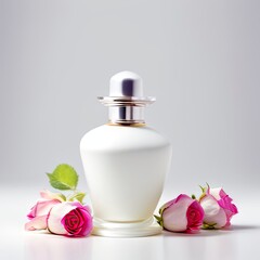 Perfume bottle with rose flowers and petals on light background. Generative AI