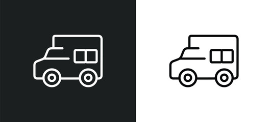 camper car outline icon in white and black colors. camper car flat vector icon from transportation collection for web, mobile apps and ui.