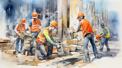 A vibrant watercolor illustration of a group of workmen wearing safety helmets and reflective vests, gathered together in a construction site, AI-Generated - obrazy, fototapety, plakaty