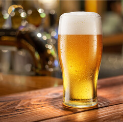 Glass of chilled beer on wooden bar table top and blurred bar interior at the background. - obrazy, fototapety, plakaty