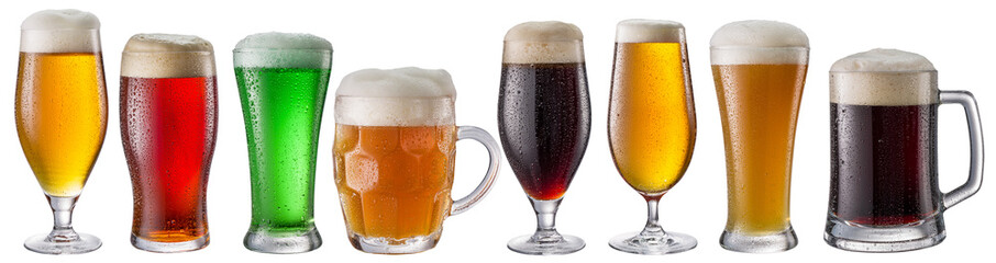 Collection of beer glasses and different beer types isolated on white background. File contains...