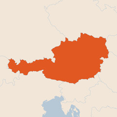 Obraz premium Map of the country of Austria highlighted in orange isolated on a beige blue background