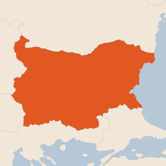 Map of the country of Bulgaria highlighted in orange isolated on a beige blue background