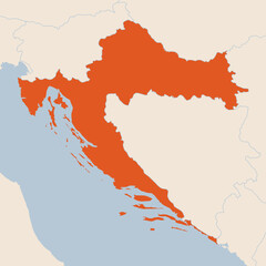 Map of the country of Croatia highlighted in orange isolated on a beige blue background