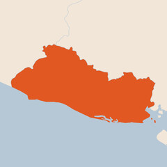 Map of the country of El Salvador highlighted in orange isolated on a beige blue background
