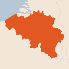 Map of the country of Belgium highlighted in orange isolated on a beige blue background