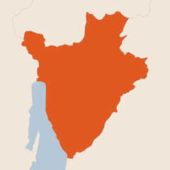 Map of the country of Burundi highlighted in orange isolated on a beige blue background